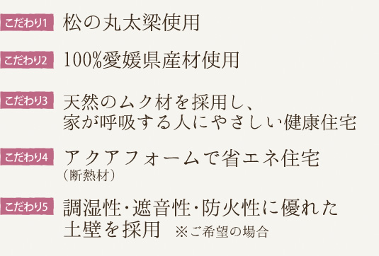 松の丸太梁使用。100%愛媛県産材使用。昔ながらの伝統工法で、二世代100年住宅。天然のムク材を採用し、家が呼吸する人にやさしい健康住宅。アクアフォームで省エネ住宅(断熱材)。調湿性･遮音性･防火性に優れた土壁を採用